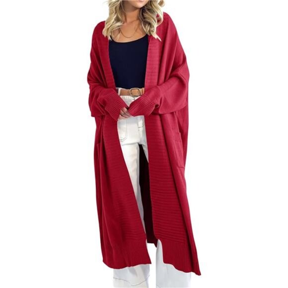 Womens Long Cardigan Sweaters with Pockets Wine Red - Picture 2 of 5